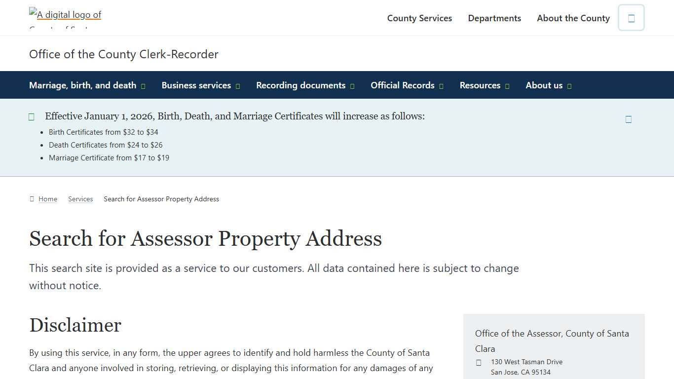 Search for Assessor Property Address Office of the County Clerk-Recorder County of Santa Clara