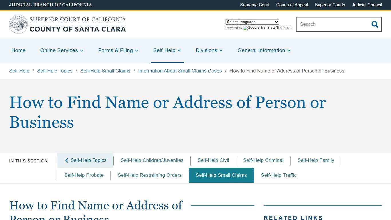 How to Find Name or Address of Person or Business Superior Court of California County of Santa Clara
